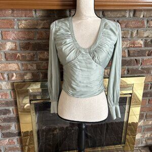 Anthropologie Green Backless Blouse Silk Look Size Small Cropped